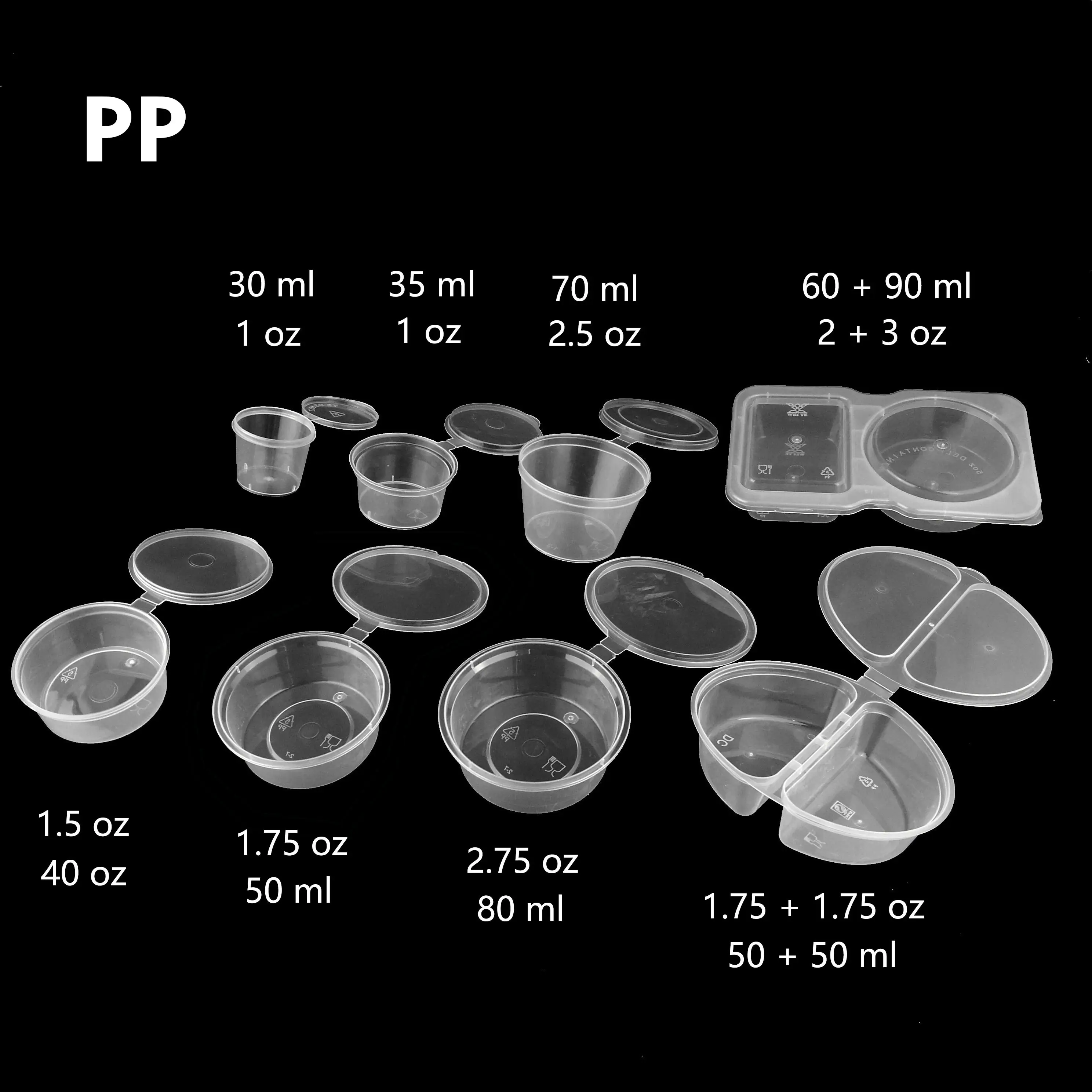 Tek kullanımlık plastik PP 2 bölme hücreleri 100ml sos kapaklı konteyner 1 2 oz sos kapaklı bardak