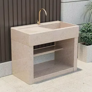 Wastafel granit berkualitas marmer alami cucian teras dapat disesuaikan dengan lemari penyimpanan lemari papan cuci
