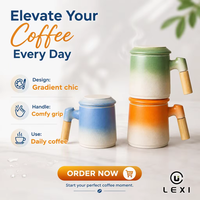 Tasse en céramique effet dégradé avec couvercle et poignée en bois, compatible lave-vaisselle/micro-ondes, logo personnalisé, marque LEXI, capacité 450 ml, tasse en porcelaine