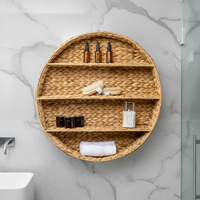 Étagère murale ronde à trois niveaux en jacinthe tressée à la main, style rotin, idéale pour l'entrée, la chambre, le salon et la chambre d'hôtes.