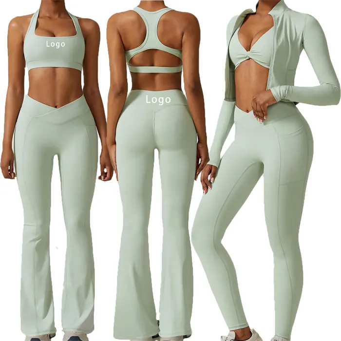 OEM Custom Logo Women Yoga Suits Nylon Spandex Sexy Bra Flared Leggings Pocket Pants Outdoor Gym Fitness Sportswear Yoga Sets