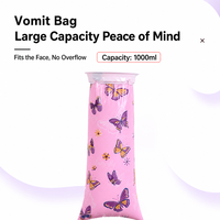 Sac à vomir jetable 1000 ml, imprimé papillon rose, sac anti-émése en PE vierge avec fermeture à pression, anti-fuite, pour le mal des transports et les nausées