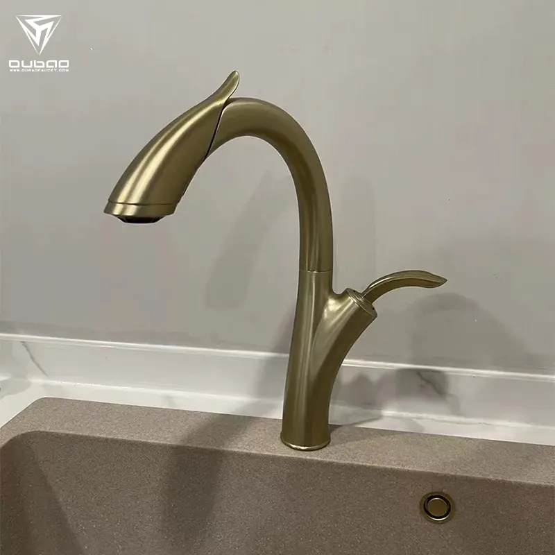 Best Quality Health Brass Brushed Gold Single Lever Pull Down Kitchen Faucet