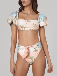 JSN9203854 Fournisseur de maillots de bain Maillot de bain imprimé vintage Ensemble de bikini à manches bouffantes avec caftan Vêtements de plage - Product Image 2