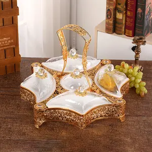 Soporte decorativo chapado en oro para pasteles y dulces, plato de fruta, bandeja de comida, bandejas de exhibición de vidrio y Metal para servir, platos para aperitivos, cuencos