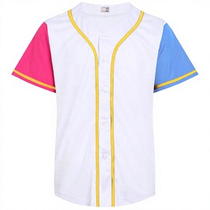Camiseta de Béisbol Unisex con Bloques de Color, Manga Corta, Cierre de Botones, Blanco, Rosa, Azul, Amarillo, Corte Regular, Ropa para Adultos - Product Image 1