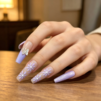 Ongles cercueil personnalisés motif marguerite violette et papillon, service OEM/ODM, support marque privée