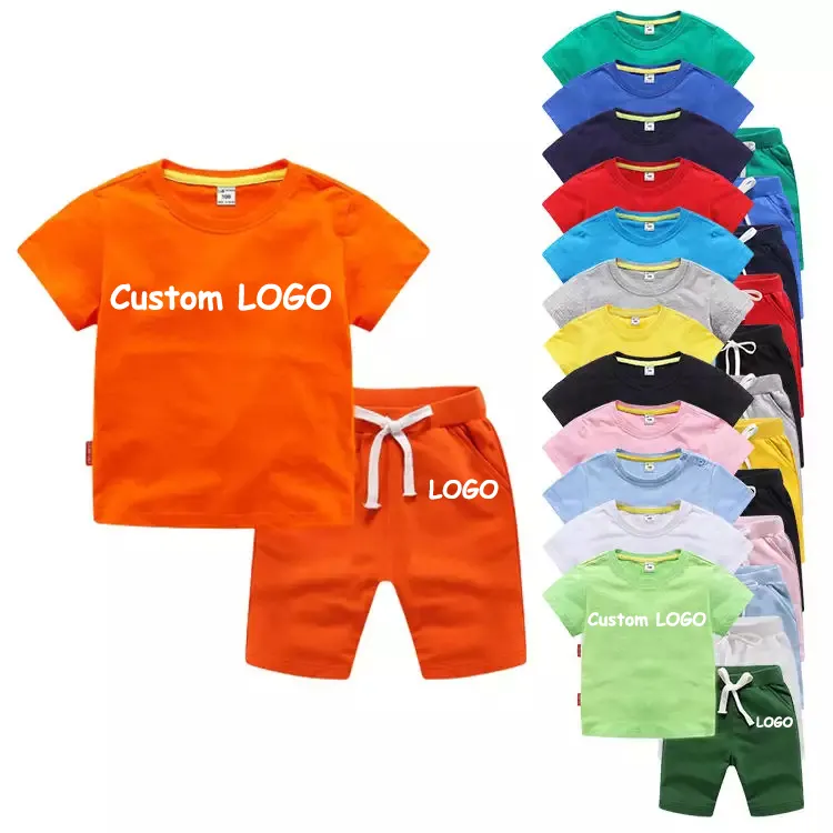 Summer Kids Tshirt And Short Suits Custom Cotton Plain Two Piece Sets clothes for kids Boys Kids Tracksuits Sets