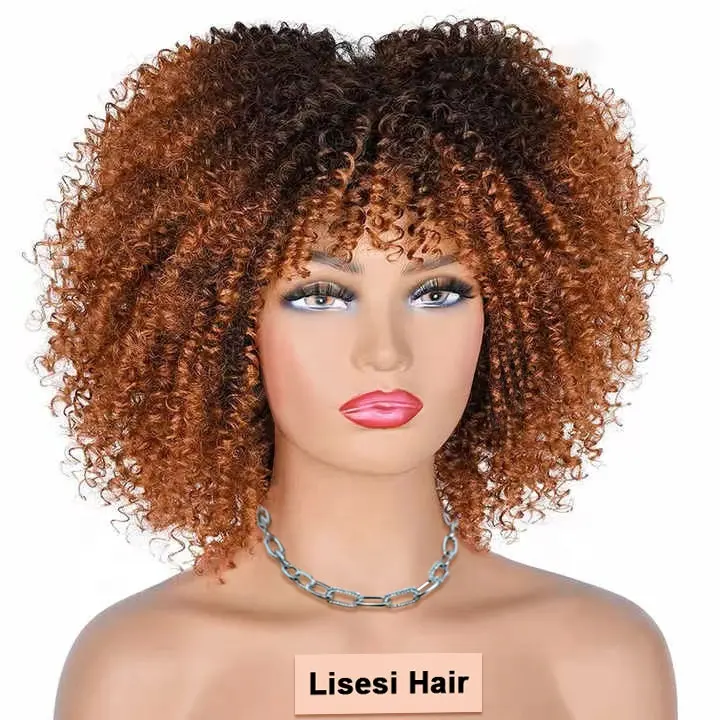 Ucuz afrika sentetik Ombre tutkalsız Cosplay doğal kahverengi sarışın peruk kısa Afro Kinky kıvırcık kahküllü peruk siyah kadınlar için