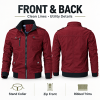 Veste en coton lavé pour homme, col montant, fermeture éclair intégrale, manches longues, couleur unie, confortable, décontractée, vêtements de travail, extérieur, printemps, automne