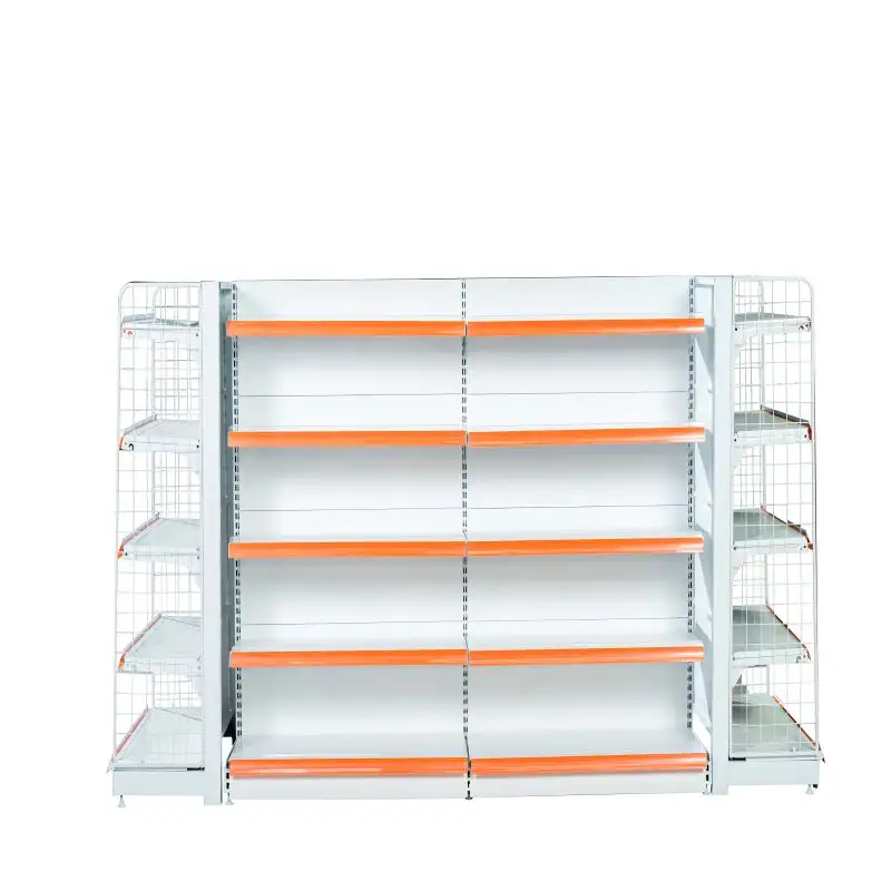 Cheap price gondola supermarket display shelving and racking with hook and baskets