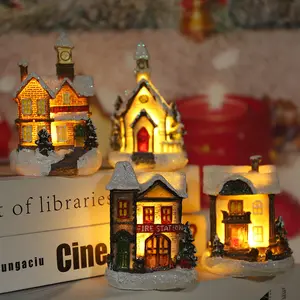 Christmas Cottage LED Holiday Light Figurines Resin Lighted Home Decoration Houses Village for Festive Table Top Decors