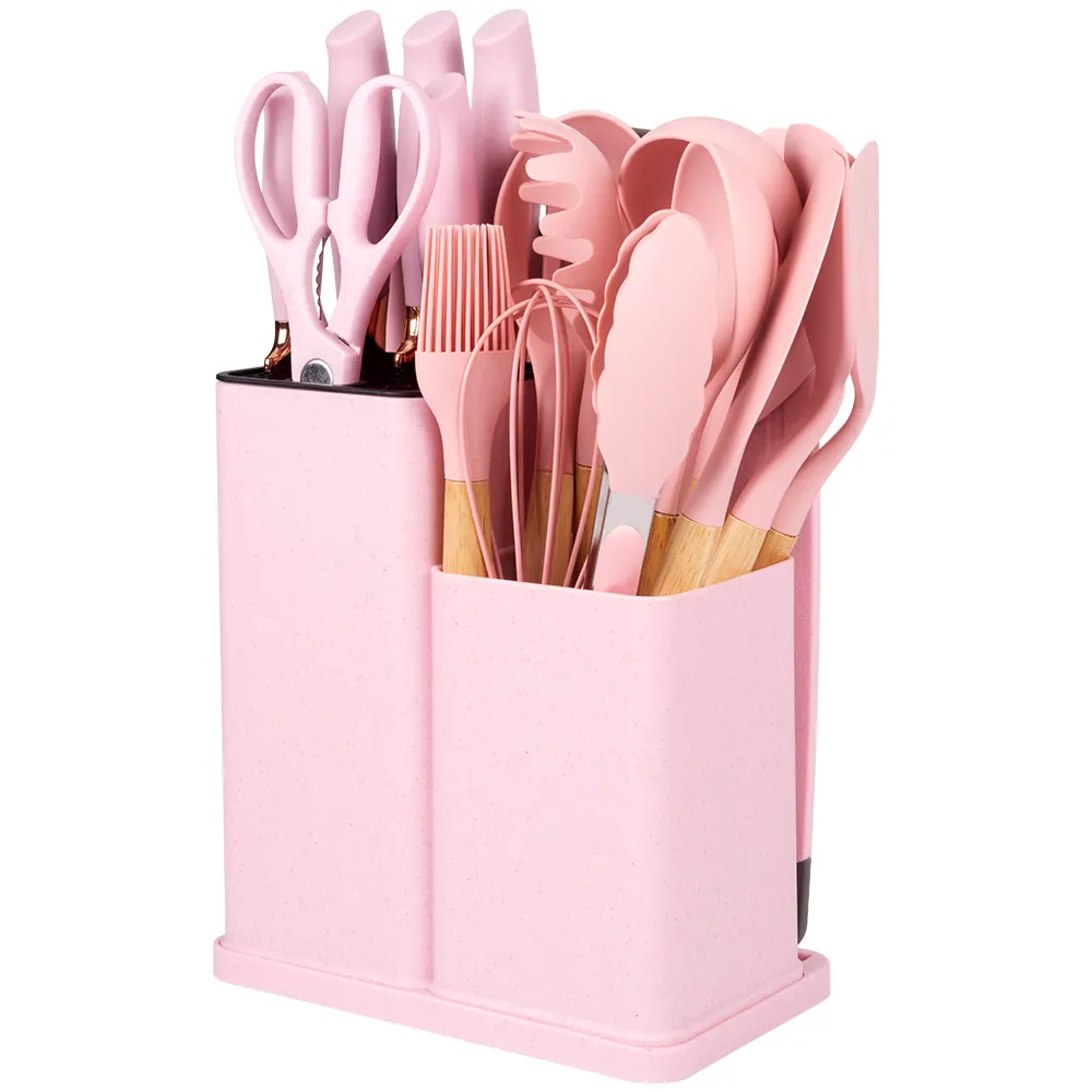 Wholesale 19 Pcs Kitchenware Accessories Non Stick Spatula Knife Silicone Kitchen Utensils Set With Wooden Handle