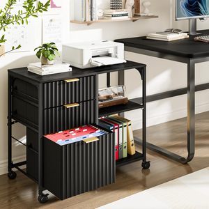 SENYU Modern Black 3 <b>Drawer</b> Mobile Filing Cabinet <b>with</b> Open <b>Shelves</b> for Home Office Storage - Product Image 3