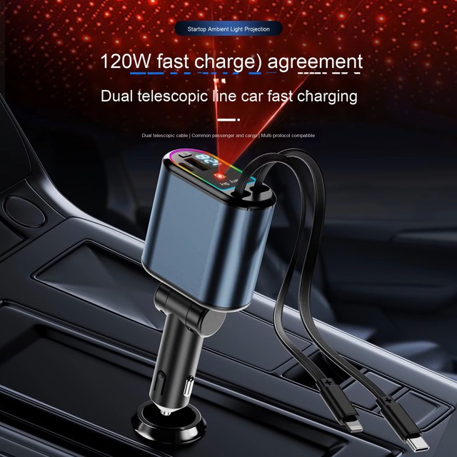 Multi Port 120w Retractable Car Charger 4 in 1 Usb c Fast Charge Double Car Charger Dual a Ports Starry Sky PD and Cables Cord