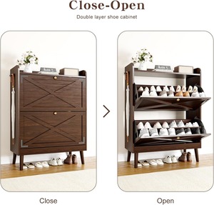 Meuble à <span class=keywords><strong>chaussures</strong></span> rustique brun du milieu du siècle, étroit et fin, avec 2 tiroirs rabattables et 2 étagères réglables - Product Image 4