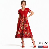 Robe Midi Femme en Coton Coupe Évasée Style A-Line Imprimé Floral Folklorique Slavique Héritage Russe Artistique Bohème Vente en Gros Logo Personnalisé OEM