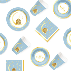 DAMAI nouvelles décorations du <span class=keywords><strong>Ramadan</strong></span> <span class=keywords><strong>Ramadan</strong></span> <span class=keywords><strong>vaisselle</strong></span> ronde bleu et or assiettes tasses serviettes pour <span class=keywords><strong>Ramadan</strong></span> islamique Decore - Product Image 3