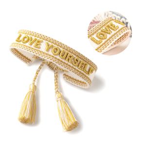 Pulsera bordada con texto estereoscópico 3D LOVE YOURSELF LOVEBIRDS pulsera de la Amistad pulsera de borla hecha a mano al por mayor - Product Image 1