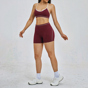 <b>Women's</b> 2 Piece Yoga Set Solid <b>Burgundy</b> Scoop Neck Racerback Crop <b>Top</b> High Waist Shorts Seamless Breathable Quick Dry - Product Image 1