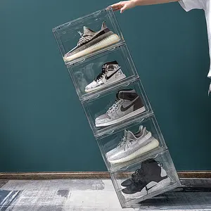 Caixa de plástico transparente empilhável para sapatos, organizador grande personalizado com logotipo, caixa de tênis magnética personalizada