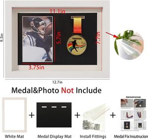 Cadre de présentation multifonctionnel blanc A4 3-en-1 pour 3 médailles, photos et souvenirs sportifs, à fixer au mur - Product Image 5