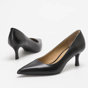 Chaussures à talons pour femmes en cuir mat noir à bout pointu 6002-25, talon moyen, confortables, chaussures à talons hauts pour le travail de bureau - Product Image 2