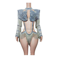 Qinghe Combinaison moulante sexy à découpes, à sequins, strass et pompons, à fente haute, pour spectacles en boîte de nuit et en bar