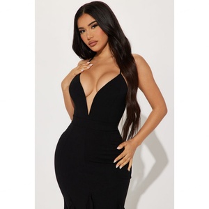 Vestido Elegante y Sexy para Mujer, Diseño Personalizado de Fábrica OEM, Color Rojo, Escote Profundo en V, Forrado, con Volantes, Cierre de Cremallera en la Espalda, Sin Mangas - Product Image 4