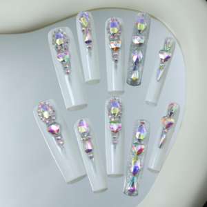 Uñas acrílicas artesanales de alta gama al por mayor, uñas postizas cuadradas de cobertura completa, con purpurina blanca, diseño de diamantes de imitación, personalizables. - Product Image 1