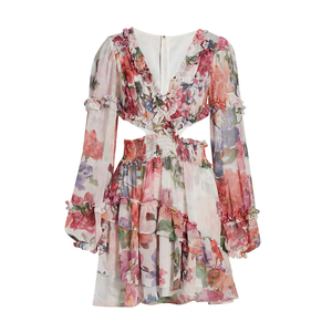 2026 nouveautés dame élégant évider imprimé fleuri plissé volants manches longues bouffantes a-ligne Floral Mini robe - Product Image 6