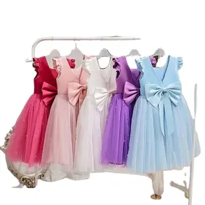 Vestido de baile infantil com laço e babado para meninas, lindo para festas de aniversário, roupas formais de casamento de 2 a 12 anos, pérolas