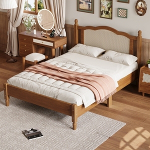 Full Size Wooden Platform <b>Bed</b> with Natural Rattan Headboard, Vintage <b>Bed</b> Frame with Wooden Slat Support - Product Image 1
