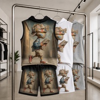 Ensemble de survêtement d'été pour hommes grandes tailles, haut sans manches et short en coton 100% premium, imprimé art surréaliste, style streetwear, vente en gros