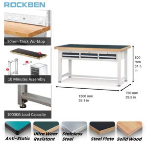 ROCKBEN高強度3水平引き出し底棚PVC卓上パウダーコーティングワークプラットフォームワークベンチ - Product Image 2