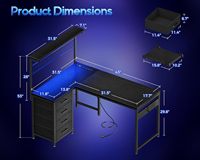 AJUNION Bureau de jeu moderne en forme de L de 43 "avec étagère Bureau d'ordinateur réversible à lumière LED RVB Table de jeu noire directe d'usine
