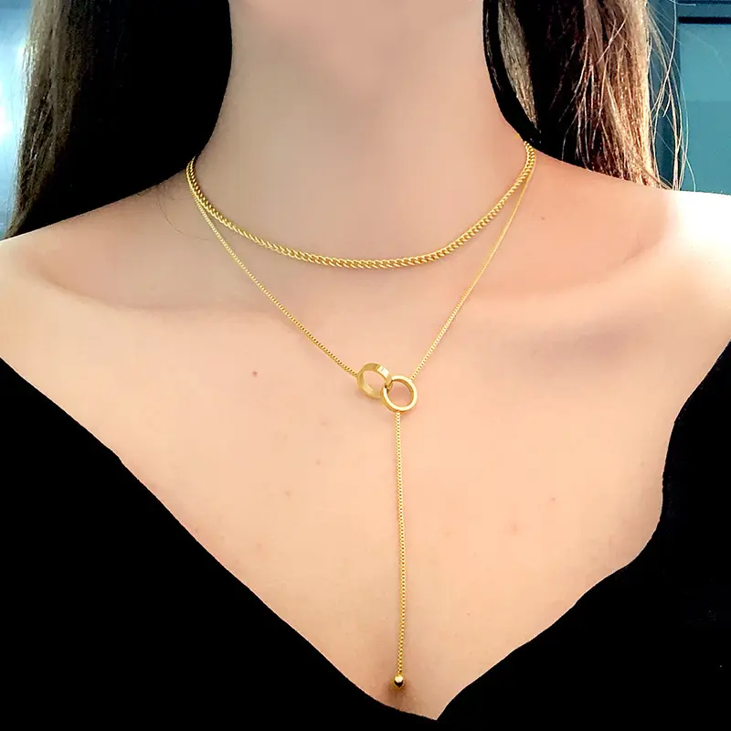 Roman Numerals Double Chain Long Tassel Love Heart Moon Women Gold Stainless Steel Layered Necklace