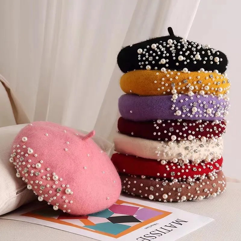 Custom Winter Wool Beret Hat Warm Pearl Decorative Fashion Berets Cap For Women Boina