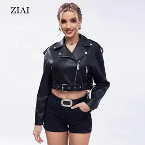 Faux Leather Jacket For Women Back sexy strap Crop Short Cropped PU Slim Zip Up Moto Biker Coat Motorcycle Jackets