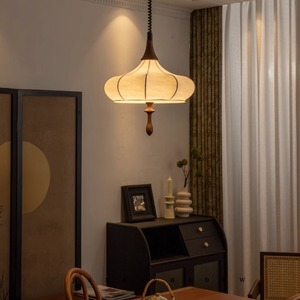 Vintage Style Wabi Sabi Pendant <b>Light</b> Faux Silk Solid Wood Japanese Retro <b>LED</b> E27 Oval Home Lighting - Product Image 2