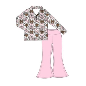 Conjunto Personalizado de 2 Piezas para Niñas Pequeñas con Estampado de San Valentín, Top de Manga Larga con Cuello + Pantalones Acampanados, Ropa de Primavera para Niños - Product Image 3