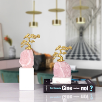 Sculpture d'arbre en quartz rose de luxe, art de bonsaï en métal doré, base en marbre, pierre de cristal rose, décoration pour la maison, le bureau, l'hôtel, usine OEM ODM