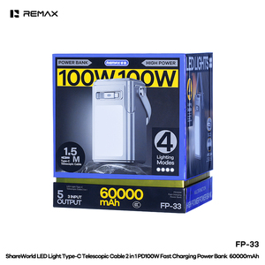 Custom Ultra-high Capacity Power Banks LED Light <b>Type</b>-<b>C</b> Telescopic <b>Cable</b> 2 in 1 PD100W Fast Charging Bank 60000mAh FP-33 FP-33 - Product Image 5