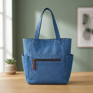 Blue <b>Canvas</b> <b>Tote</b> Bag Reusable Shopping Carryall Long Reinforced Handle Button Closure Utility Bag for Daily Travel - Product Image 1