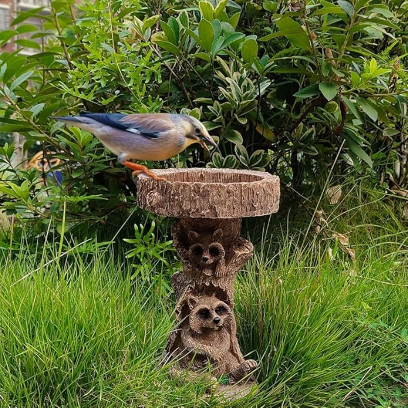 Raccoon Resin Bird Feeder with Natural Stump Design for Garden and Outdoor Decor, Ideal for Attracting Birds and Enhancing Yard Aesthetics