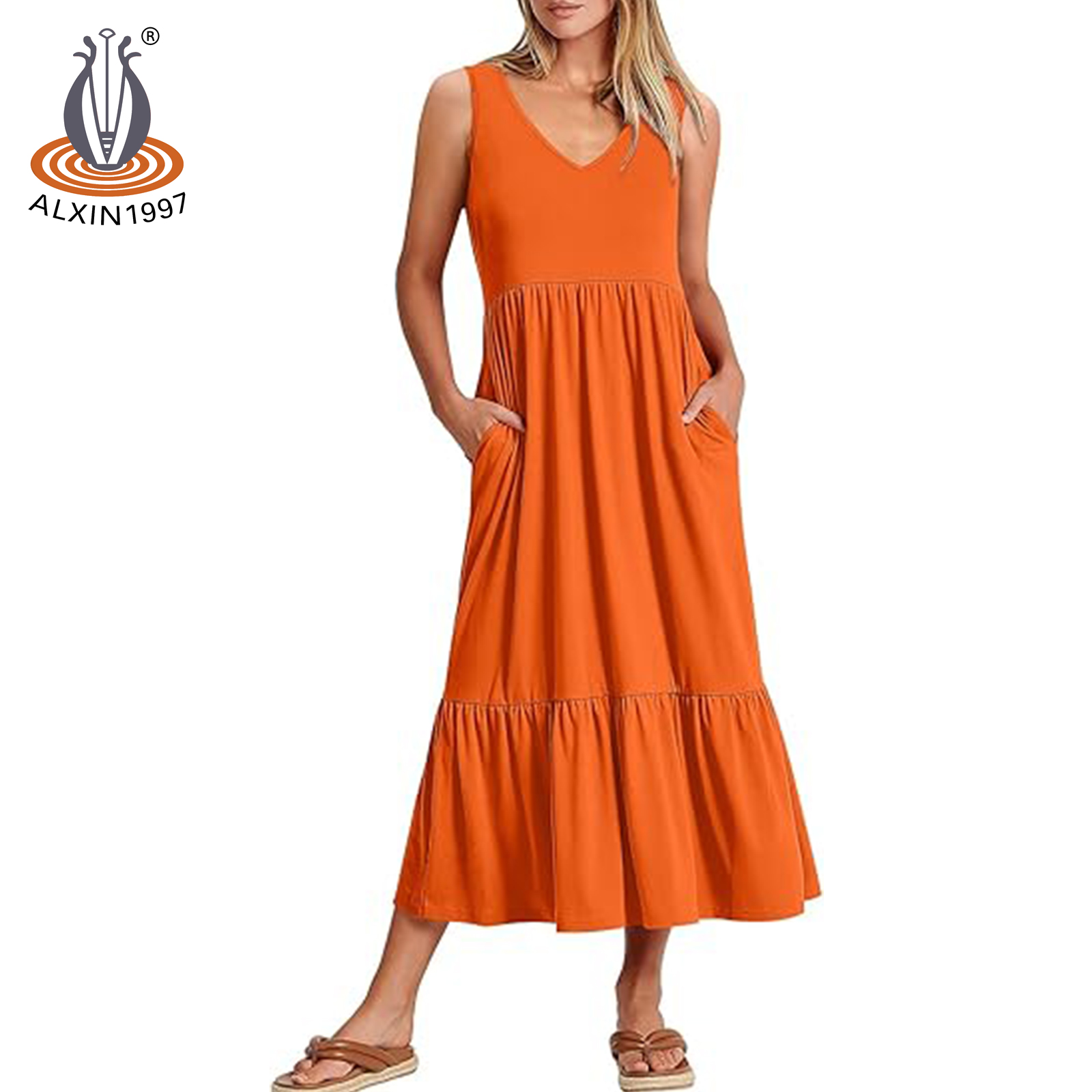 Alxin Women's Summer Maxi Casual Dresses Flare Flowy V Neck Sleeveless  Swing Tiered Beach Sundress Pockets Made Modal Wholesale| Alibaba.com