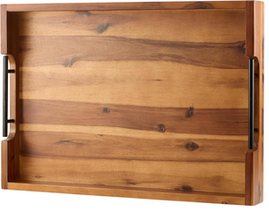 Bandeja de Servir Multifuncional Portátil de Madera de Nogal con Diseño Rústico para Cocina y Sala de Estar, con Asas de Latón Dorado y Doble Nivel Tallado - Product Image 1