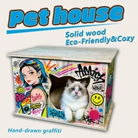 Cave pour chat en bois de sapin naturel, motif animalier moderne de luxe, avec étagère supérieure, vente directe d'usine, logo personnalisable, MOQ 1 pièce