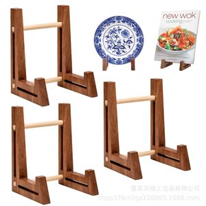 Wooden <b>Plate</b> Display <b>Rack</b> Brown Rectangle Removable Desktop Decor Holder For Books And Miscellaneous Items - Product Image 2