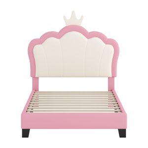 Cama Princesa Moderna Ajustable de Tamaño Individual, Tapizada, con Cabecera Acolchada en Forma de Corona, Base de Plataforma, Cabecera y Pie de Cama en Color Crema y Rosa - Product Image 3